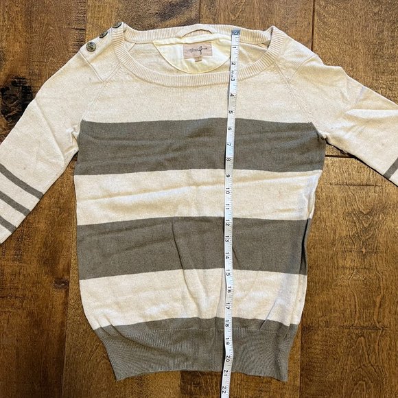 Wilfred Free Cotton Wool Sweater w/ Olive Green Stripes & Shoulder Buttons - Picture 9 of 13